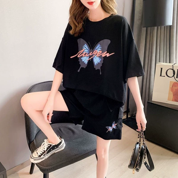 Спортивный костюм для отдыха Женская летняя новая свободная пухлая девушка в Корейском стиле, большие размеры, футболка с короткими рукавами, комплект из двух предметов для бега