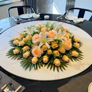 Large Round Table Turntable with Flowers in the Middle, High-End Hotel Dining Table, Artificial Flowers, Fake Flower Ornaments, Silk Flower Decoration, Accessible Luxury and High-End