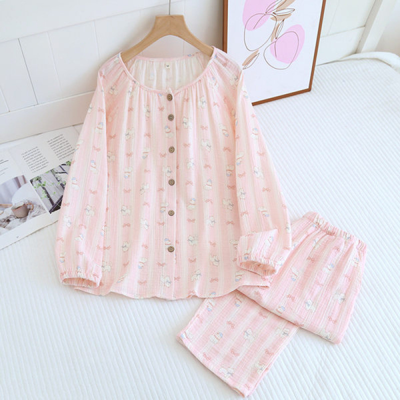 라운드넥 보우캣 핑크 긴팔 팬츠 슈트