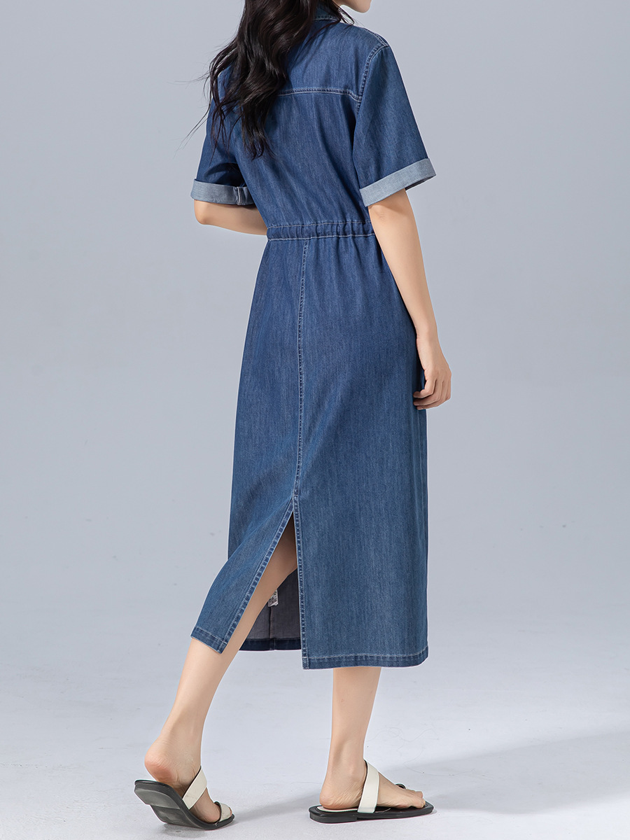 Váy liền dáng dài polo cotton thắt eo dây rút tay ngắn mùa hè — Màu xanh lam