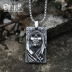 beier跨境新款死神骷髏吊墜 不鏽鋼男士復古軍牌創意個性鈦鋼吊牌