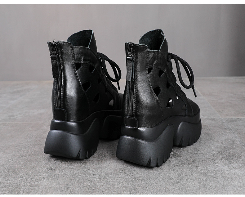 Boot nữ cổ thấp miệng cá đế dày gót 9 cm da thật — Màu đen chi tiết 12