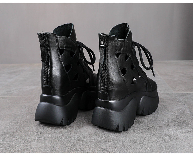Boot nữ cổ thấp miệng cá đế dày gót 9 cm da thật — Màu đen chi tiết 12