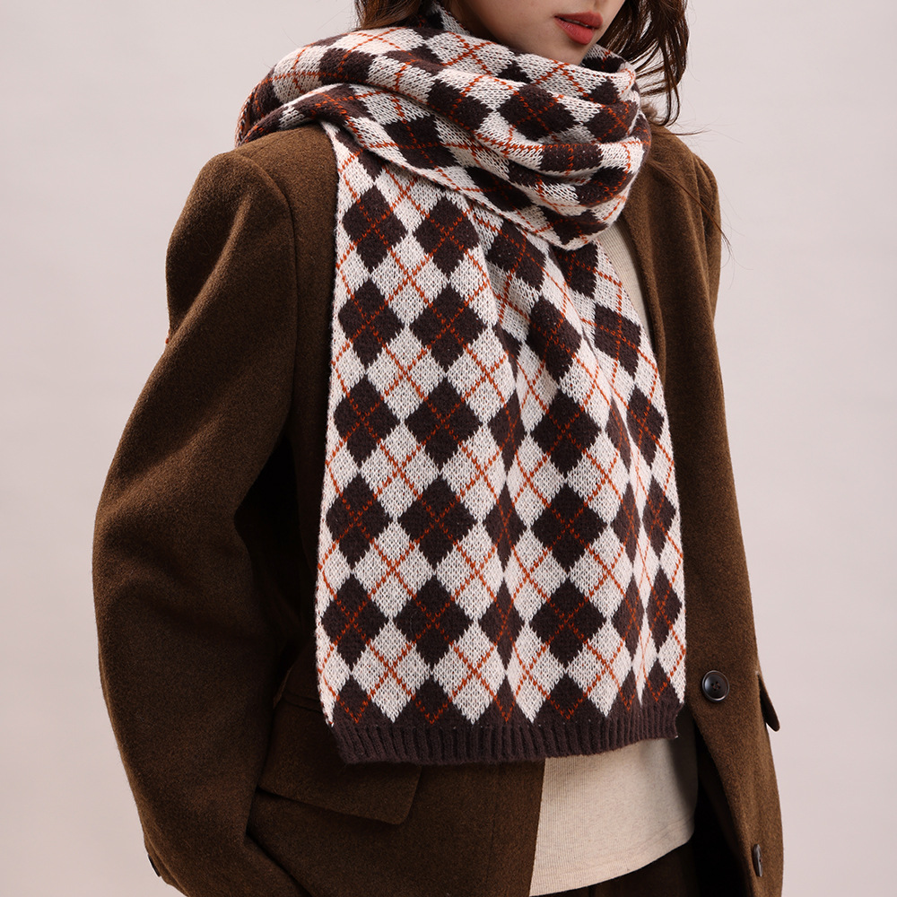 Sciarpa lavorata a maglia autunno inverno nuova con griglia a rombi, collo spesso e caldo, versatile per coppie, morbida_voghion.com