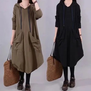 2023 Autumn New plus size women's clothing loose artistic mid-length large pocket over the knee belly covering hooded dress