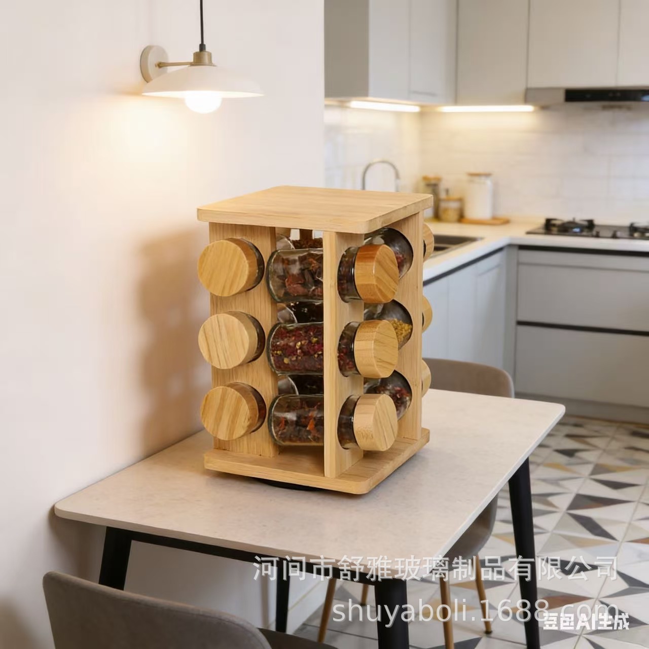 Explosiones transfronterizas 12 latas de vidrio cubierta de bambú y madera multicapa condimento rotativo multifuncional marco de acabado de cocina de almacenamiento