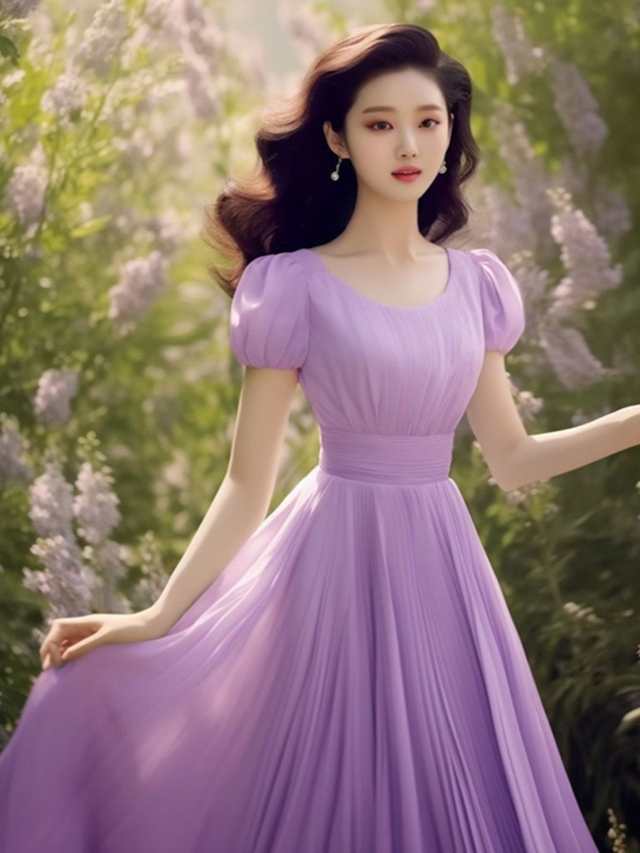 Váy suông nữ midi dáng quả lê màu tím — Màu tím chi tiết 7