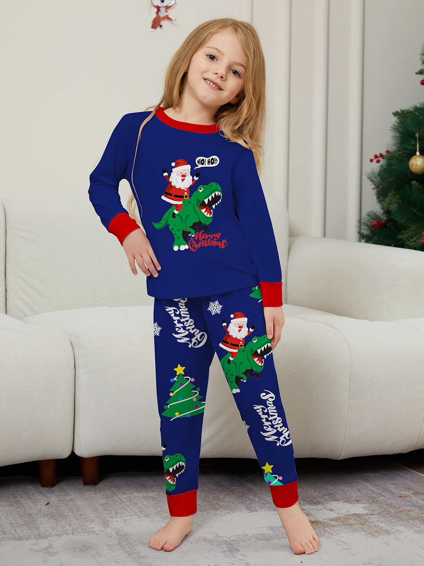 Božićna kućna odjeća Obiteljska odjeća Zelena pidžama s printom dinosaura Djeda Mraza Plavo odijelo_voghion.com