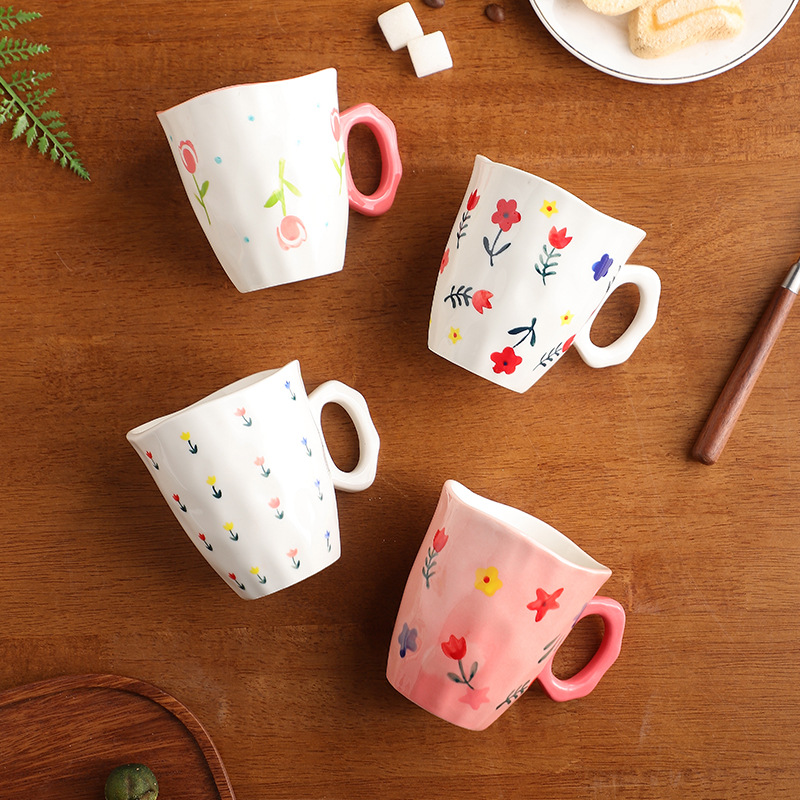 Inswind mano pequeña fresca flor cerámica pintada a mano creativa mano regalo taza de marca esmaltada taza de café de color leche
