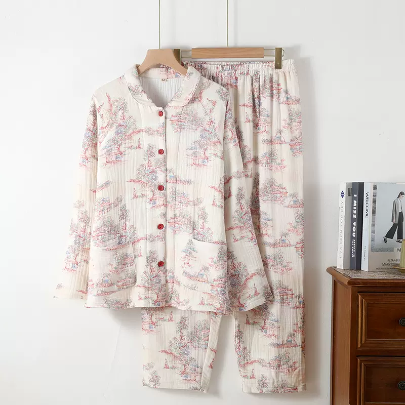 新款全棉加厚包边四层纱布女士睡衣纯棉秋冬季保暖长袖家居服套装