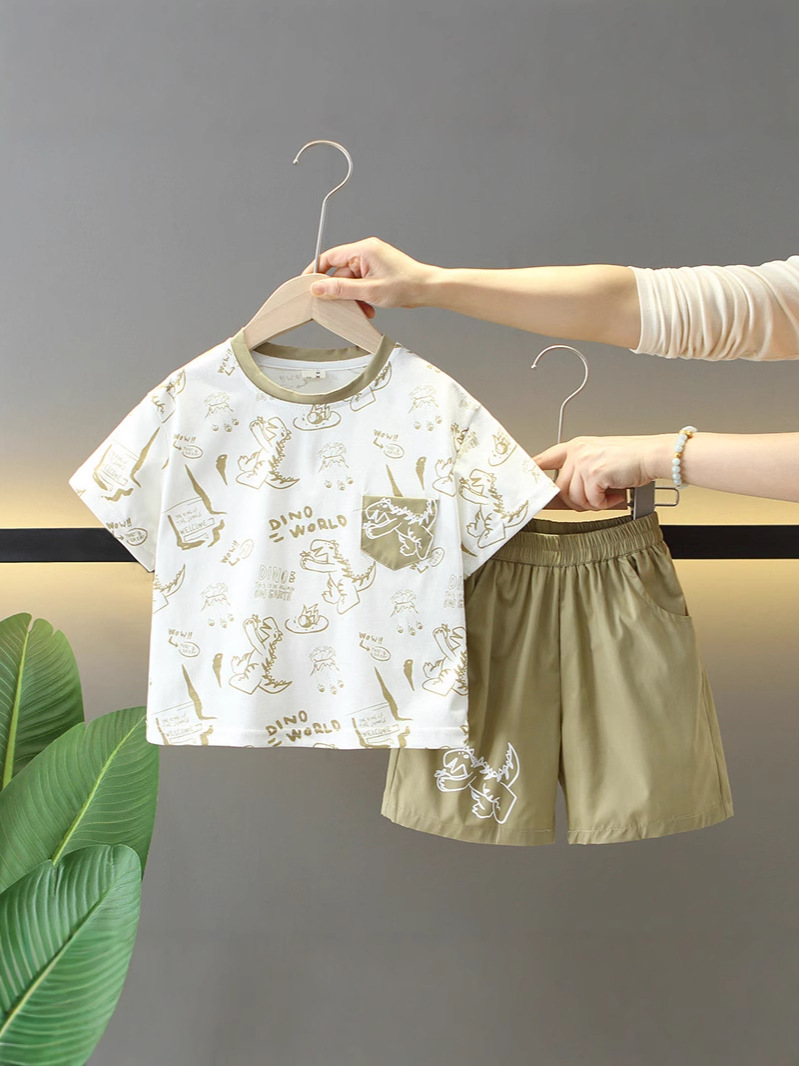 7277 Traje de verano para niños 2025 nuevo estilo estilo occidental dibujos animados para niños dinosaurio de manga corta bebé verano delgado dos piezas