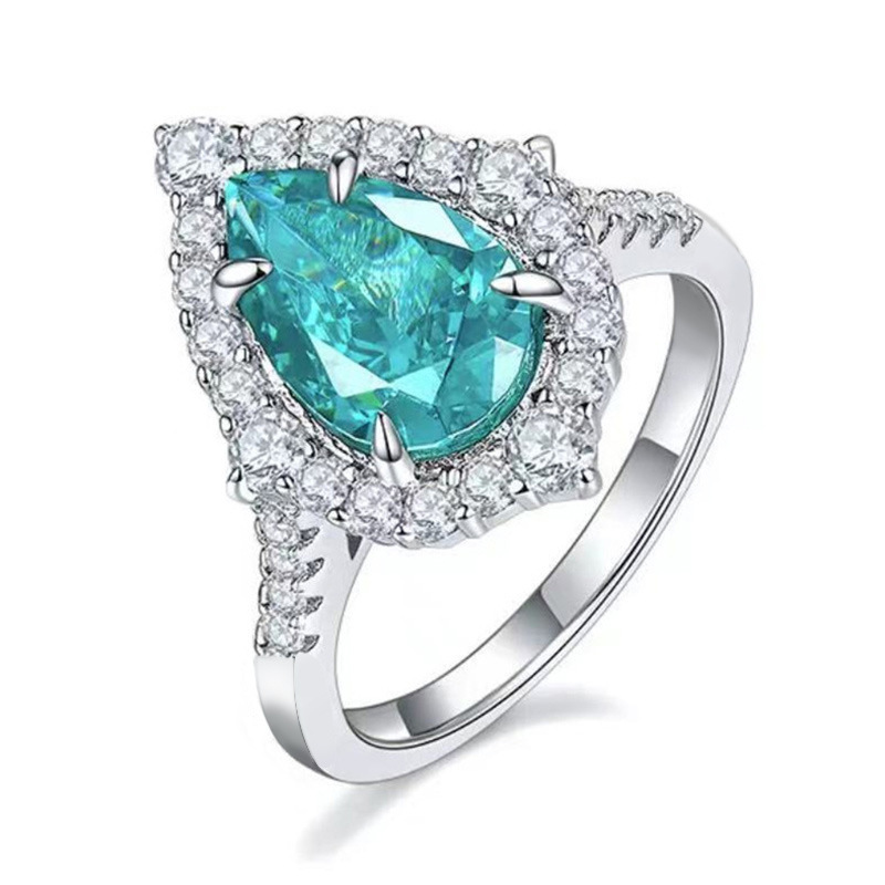 European and American Style Luxury Full Diamond Water Drop Pear-Shaped Ring Colored Gemstone Engagement Women's Ring Fashion Light Luxury Jewelry Ring