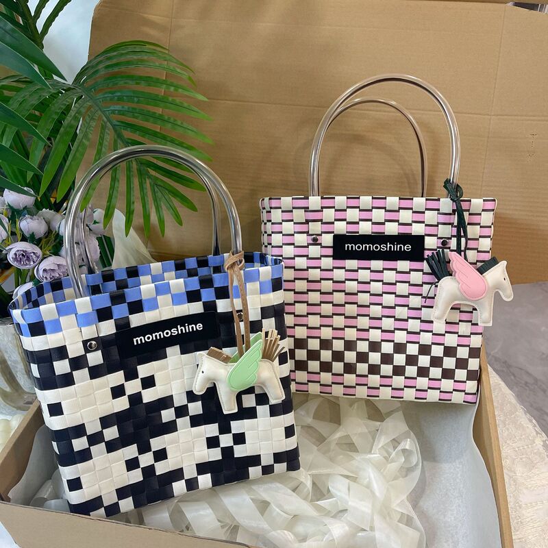 Purely Hand-Woven Vegetable Basket Large-Capacity Handbag Shopping Bag Vacation Picnic Storage Blue 2025 New Women's Bag Purely Hand-Woven Vegetable Basket Large-Capacity Handbag Shopping Bag Vacation Picnic Storage Blue 2025 New Women's Bag