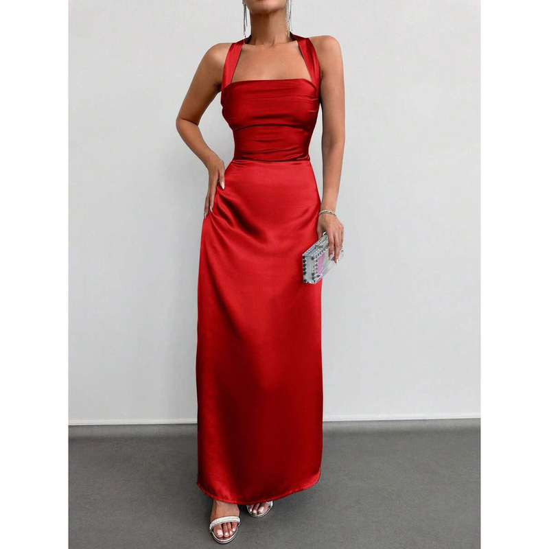 2024 Xi Amazon's Popular Pure Color Round Neck Backless Elegant Halterneck Satin Maxi Sexy Dress