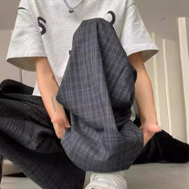 复古格子2024新款夏季薄款高腰显瘦垂感阔腿裤宽松直筒休闲女裤