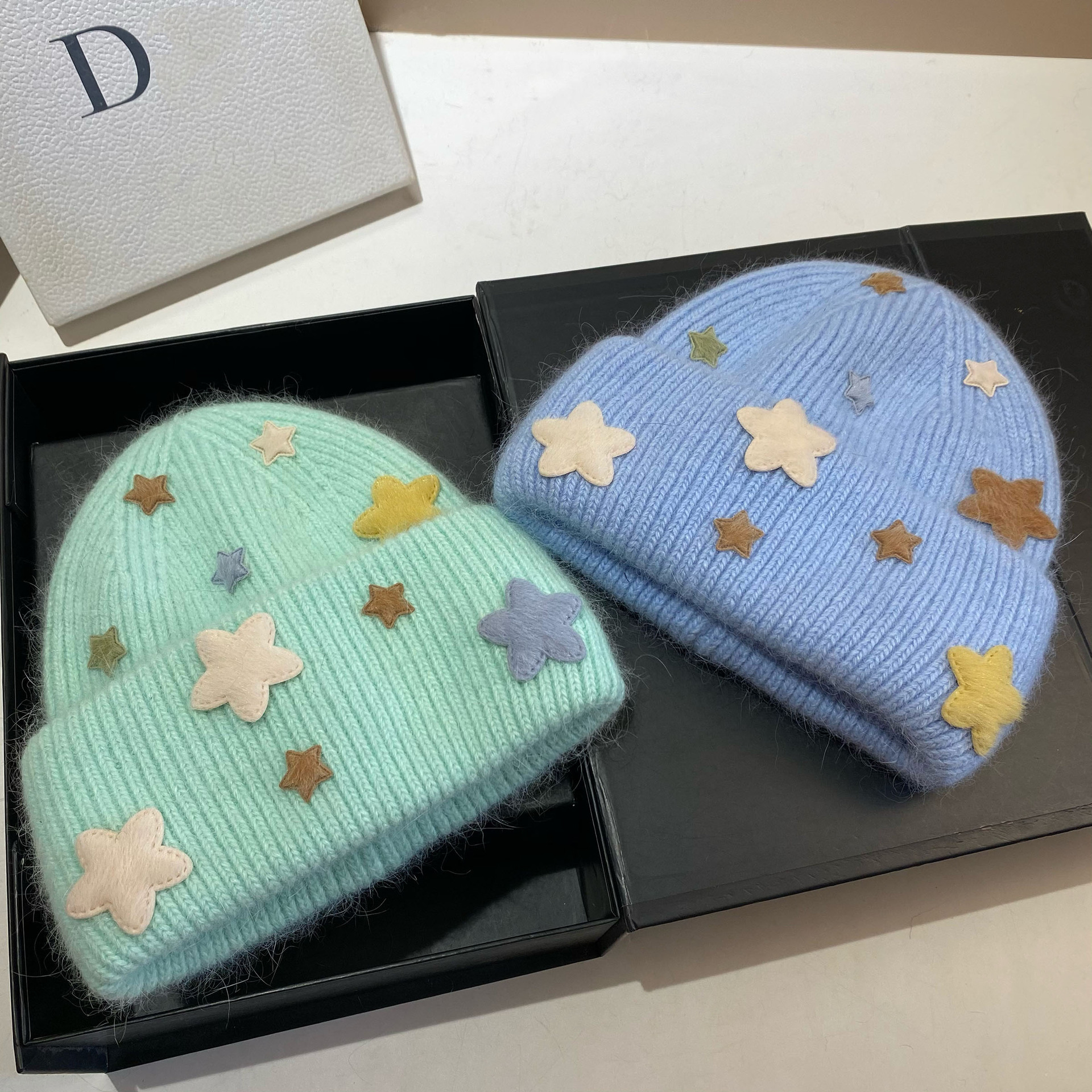 Gorro beanie de punto para mujer de pelo de conejo invierno_voghion.com