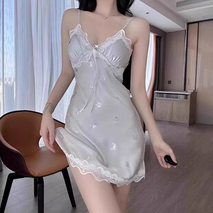 Sexy Pajamas for Women in Autum New Pure Desire Butterfly Nightgown High-End Ice Silk Suspenders Accessible Luxury Home Wear with Breast Pads