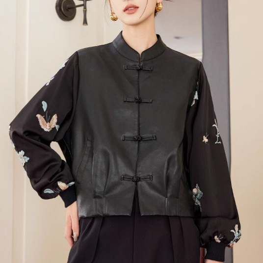 All-Net Low Price Spring and Autumn New Chinese Style Stitching Leather Coat Women's Short Vintage National Style Collar Jacquard Buckle