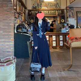 韩系学院风套装夏季JK制服时尚西装外套衬衫中长裙显瘦百褶裙三件