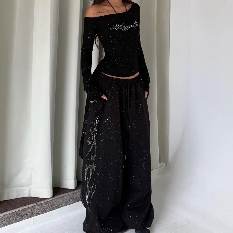 Vintage Hip-Hop Versatile Wide-Leg Casual Pants for Women, Spring Season, Sparkling Rhinestone Hip-Hop Jazz Dance Pants