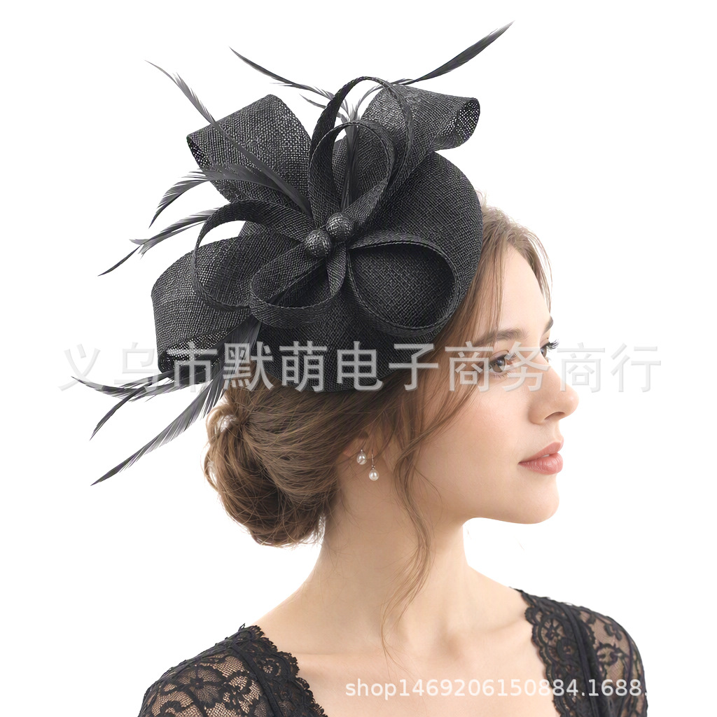 Black linen feather headpiece vintage top hat hair clip bridal party tea party head flower mesh headpiece