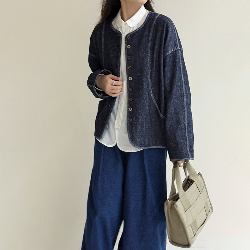 Women's pure cotton denim jacket, new autumn style, round neck, single-breasted, loose fit, long sleeve, casual short jacket