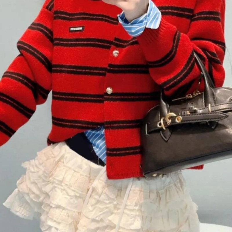 Nanyou High-Quality Celebrity Style m Letter Jacquard Red and Black Stripesd Gold Button Wool Knitted Cardigan Sweater Jacket for Women