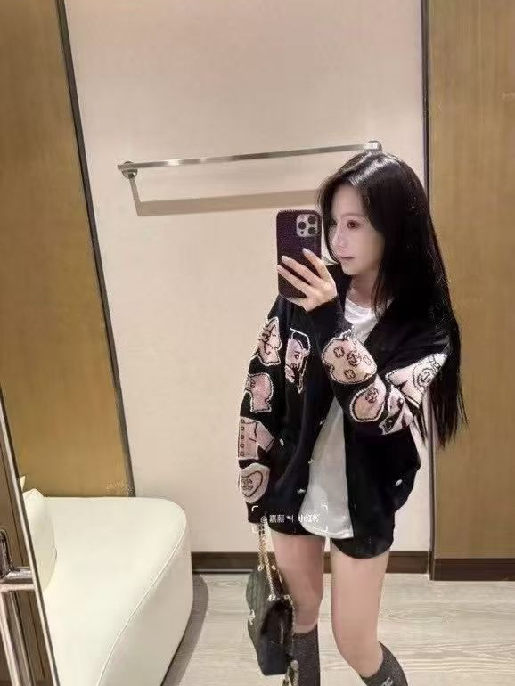 高品质~小香风新款V领卡通娃娃刺绣针织开衫宽松显瘦羊毛上衣女款|undefined
