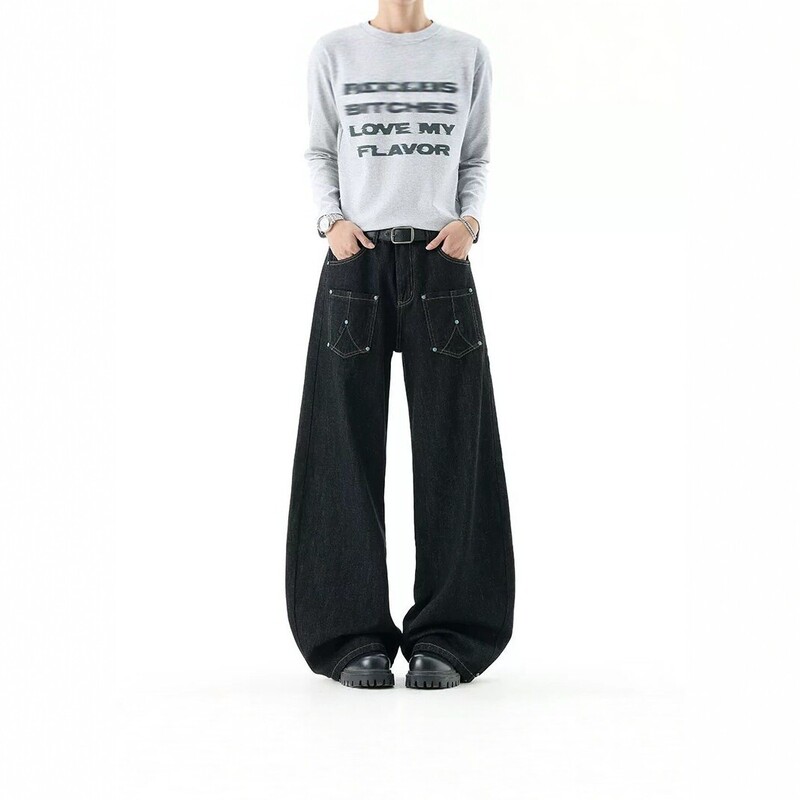 American-style turquoise vintage black raw denim deconstructed design curved cut jeans for men and women, wide-leg loose long pants American-style turquoise vintage black raw denim deconstructed design curved cut jeans for men and women, wide-leg loose long pants