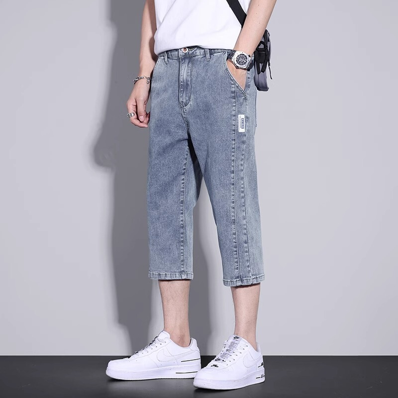 2024 Summer Thin Cropped Cargo Denim Shorts for Men, Loose Straight 7/8 Length Casual Pants