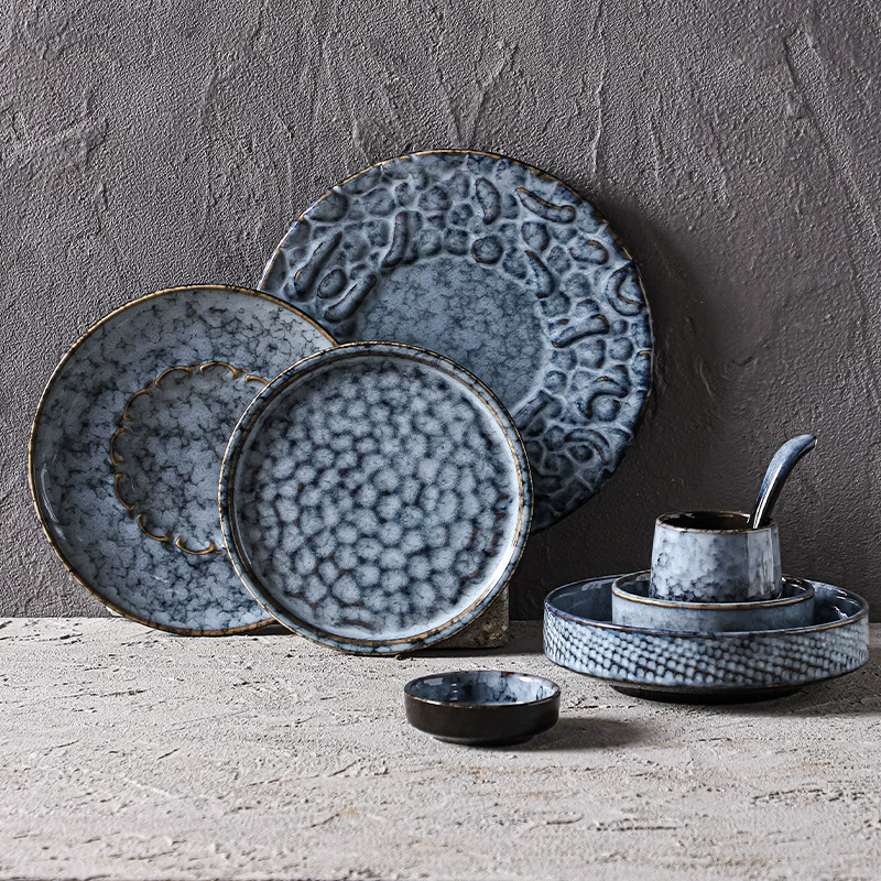 Ceramic tableware set, Japanese retro marble glaze, premium light-luxury design