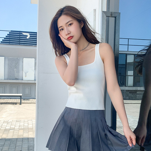 New Summer Women's Sheer Knit Tank Top with Square Neck, Backless Casual Top for Trendy Girls, Short-Sleeved Underwear and Base Layer Shirt