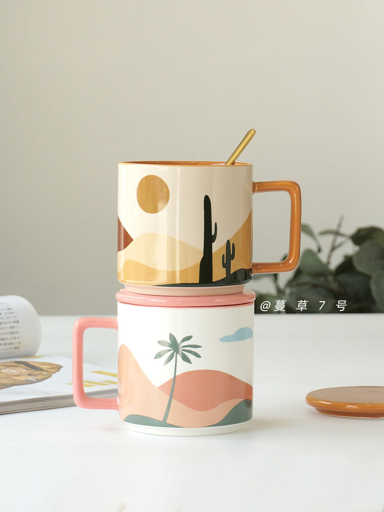 PK7Jins Morandi Ceramic High-End Retro Coffee Mug with Lid Large Capacity Couple Fresh Tea Cup Coffee