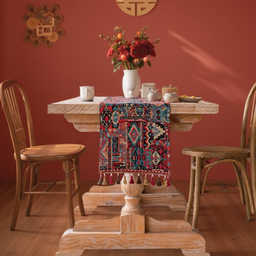 Imanqi Yun Table Banner with Red Holiday Geometric Fringe Brocade Tablecloth, Factory Direct Supply