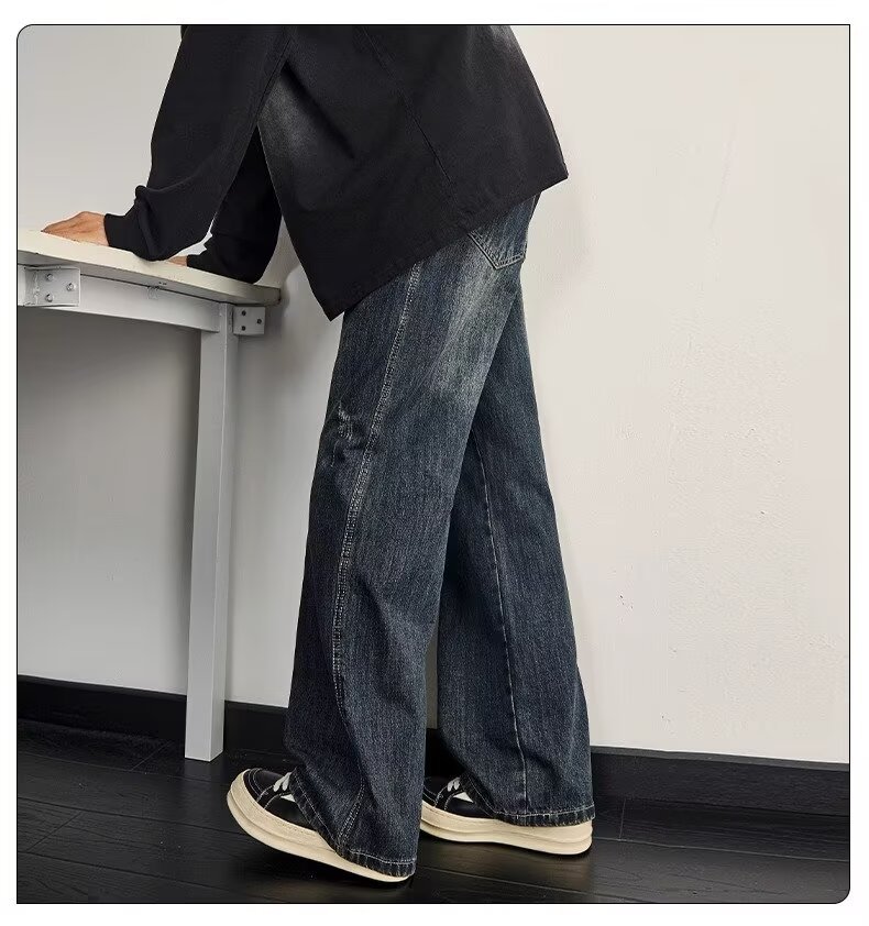 Men's Washed Vintage High Street Jeans Distressed Denim Loose Straight-Leg Fit Streetwear Style Blue S-3XL_mkmklike.com