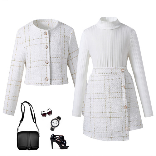 Girls' 2024 Spring Cross-Border Petite Chanel-Style Plaid Irregular Skirt Set | Three-Piece European & American-Style Kids' Clothing