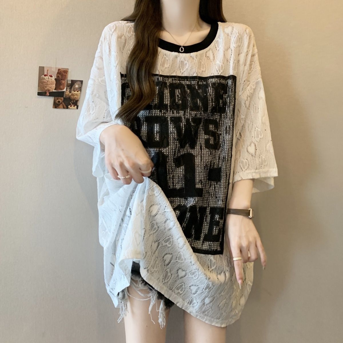 Camiseta de manga corta de encaje gypsophila de gran tamaño para mujer 2024 verano nuevo estilo suelto y delgado mm top estampado para mujer ins