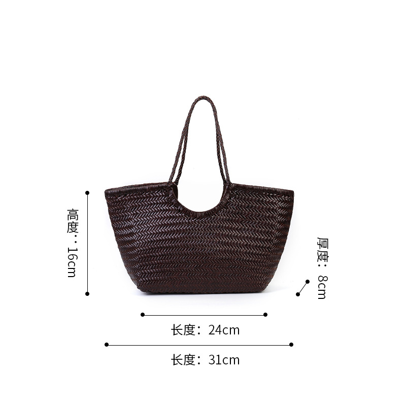 French Vintage Cowhide Woven Bag 2025 New Arrival Niche Curved Opening Market Basket Bag Large Capacity Genuine Leather Tote Bag For Women - Thumbnail 8