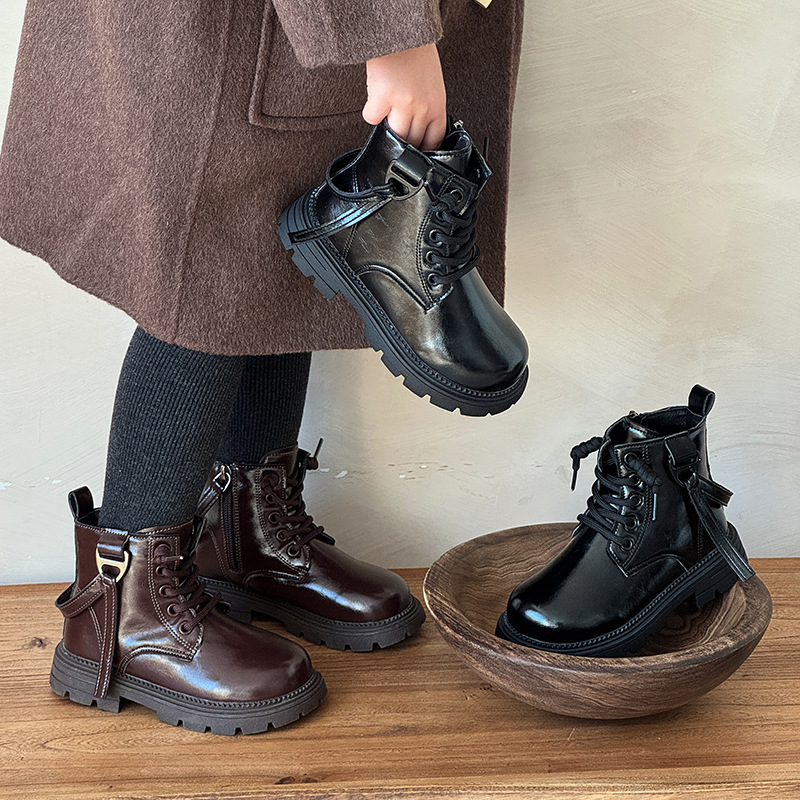 Girls British Style Short Boots Boots 2025 New Winter Kidsren's Boots Autum Black Mid-Calf Leather Boots Fashionable
