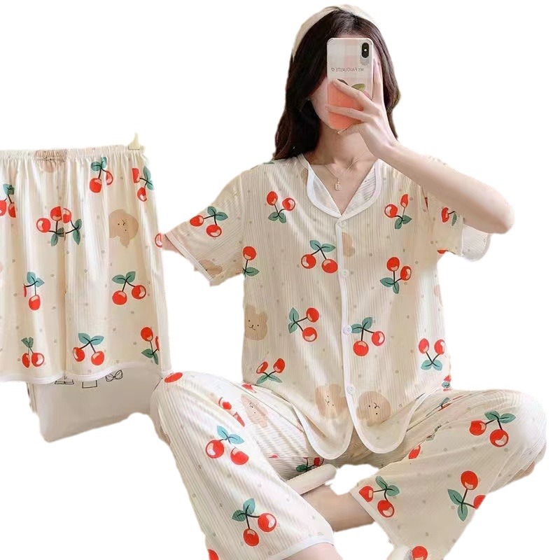 Quick Hand Douyin Live Net Red Pijamas Mujeres Verano Versión coreana de pantalones cortos de manga corta estilo ins Pantalones Ropa a domicilio de tres piezas