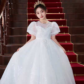 白色儿童礼服公主裙花童婚礼小女孩生日蓬蓬纱裙主持人钢琴演出服