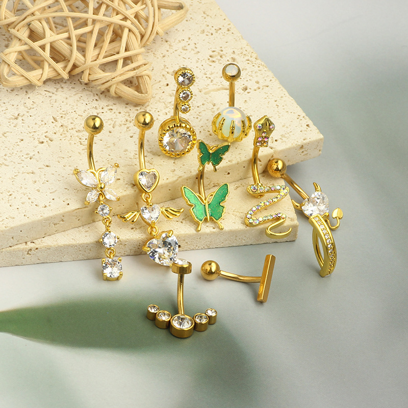 Amazon New Inlaid Zircon Love Belly Button Ring Butterfly Inverted Belly Button Nail Snake Belly Button Ring Piercing Jewelry 10 Pieces detail image 8