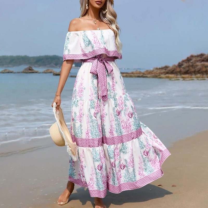 Off-Shoulder Long Skirt Dress Red Floral Print Spring/Summer New Arrivals Collection_ecoleips.com
