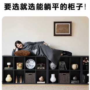 ✅ Solid Wood Black Eight-Compartment Cabinet Carroll Plaid Cabinet Bookshelf Floor-Standing Storage Cabinet Living Room Integrated Wall Storage Book