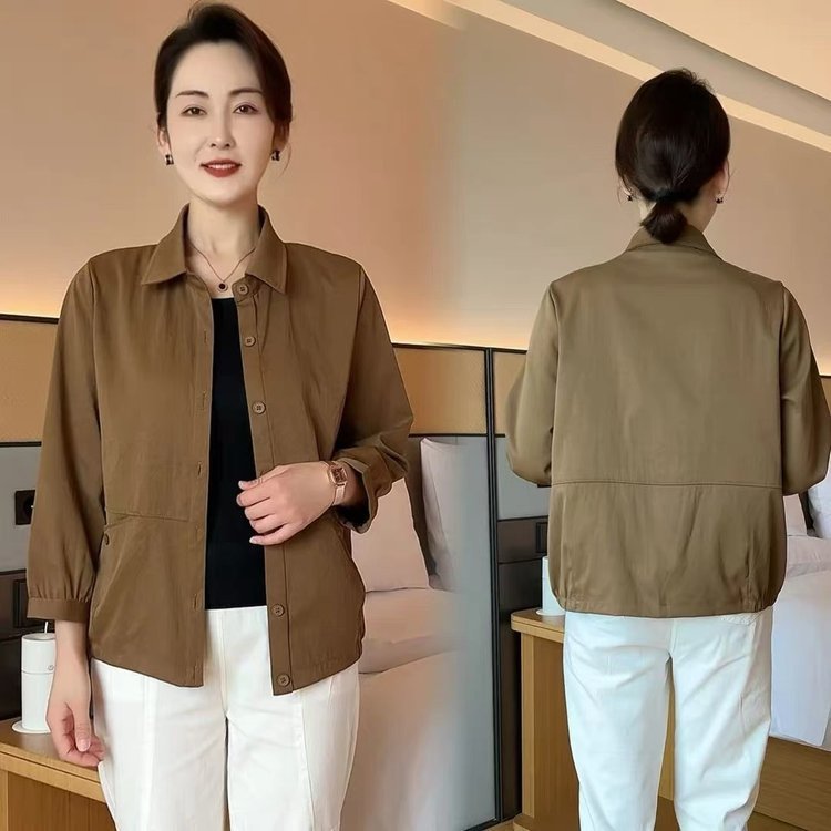 一件代发直播爆款2025春秋季新款妈妈装纯色短外套薄款衬衫女上衣|undefined