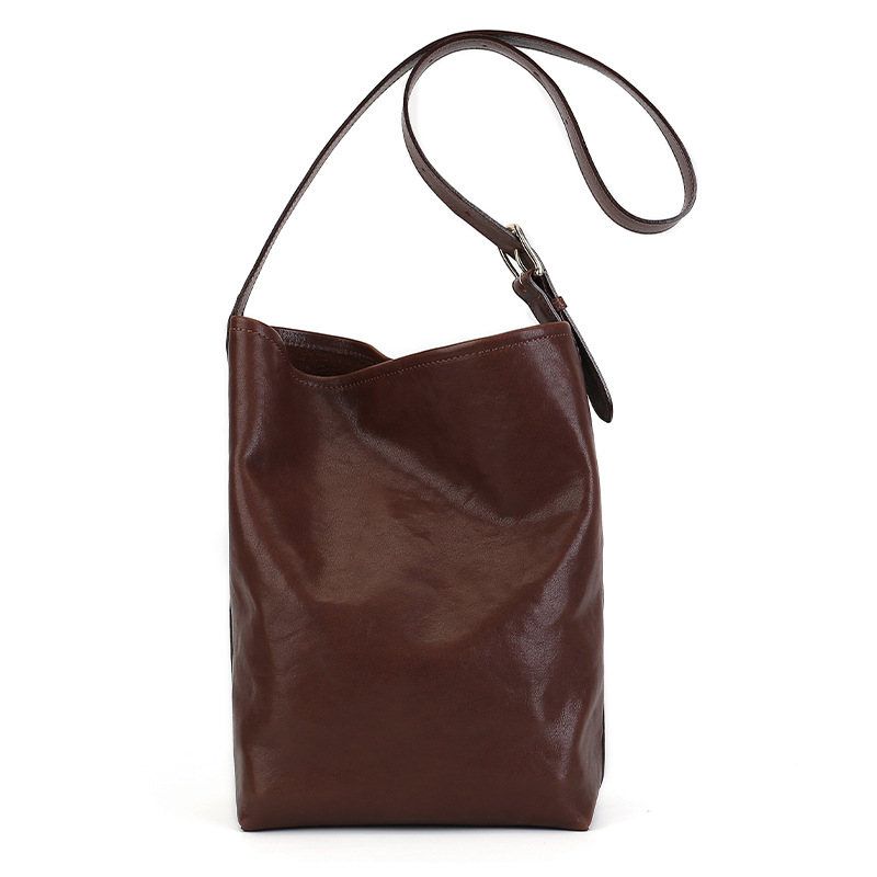 Premium Genuine Leather Tote Bucket Bag, Vegetable-Tanned Cowhide Vintage Shoulder Underarm Bag, Large Capacity Commuter Set Bag For Women - Thumbnail 6