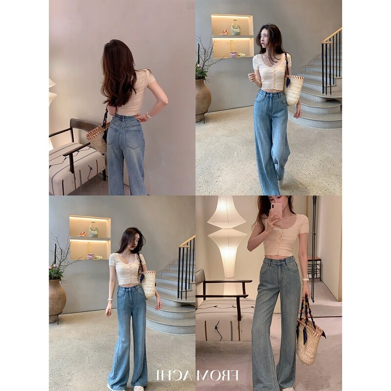 Achi Dayeichi Tencel Blue Straight-Leg Washed Jeans for Women, High-Waisted Loose Long Pants with Elastic Waistband