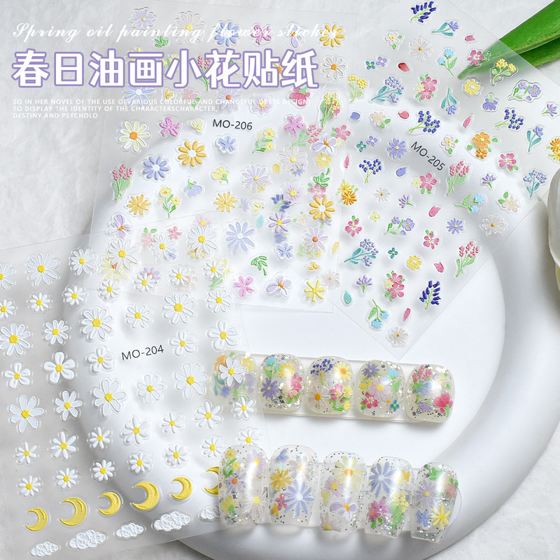 Nail Art Stickers Spring Oil Painting Small Flower Relief 5D Stickers Small Daisy Small Fresh Nail Decals Stickers Wholesale