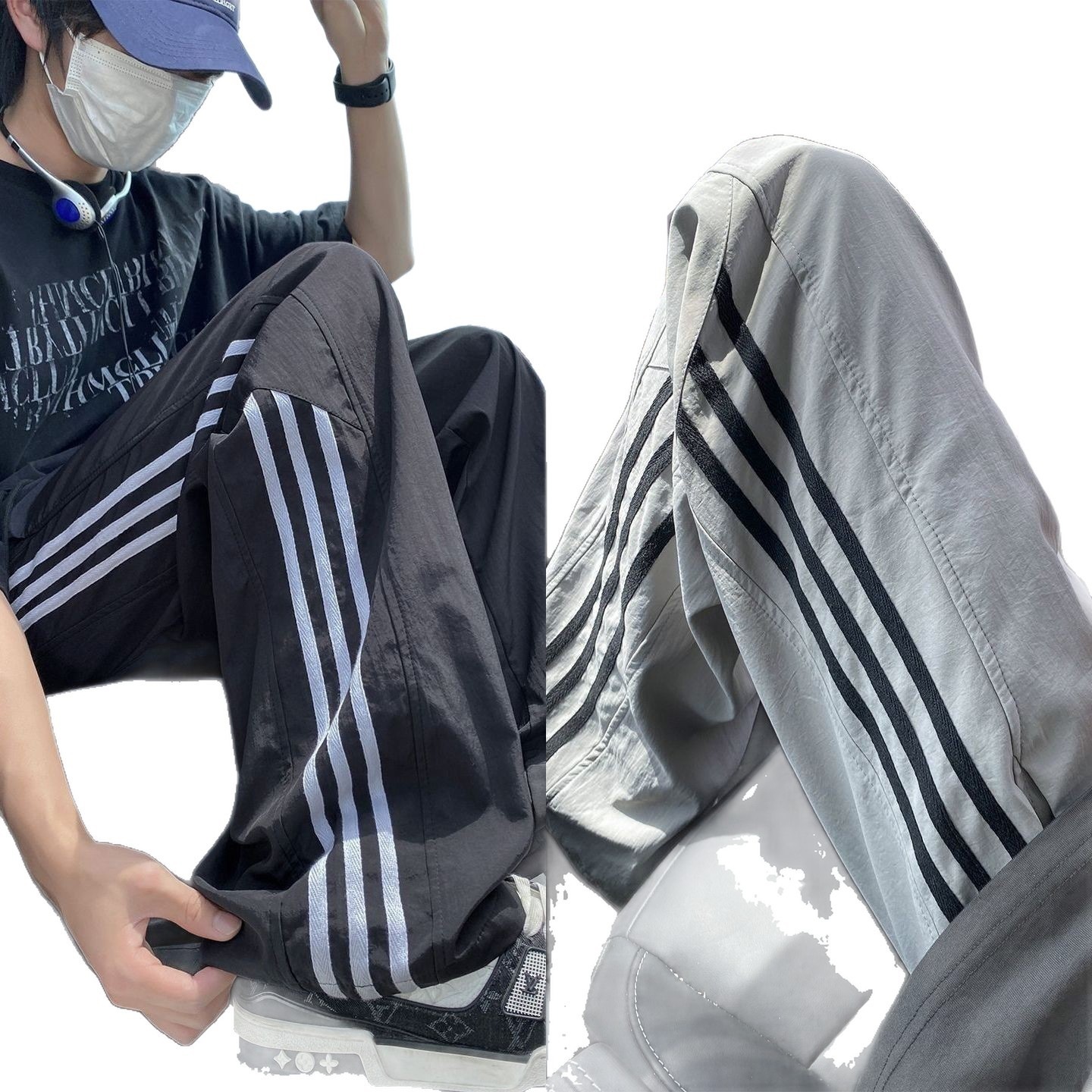 Pantalones de hielo de verano de tres barras para hombres delgados pantalones deportivos largos sueltos rectos de piernas anchas pantalones casuales de hombre