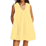 欧美女士无袖娃娃装迷你裙U领褶皱短裙带侧口袋派对裙纯色亚马逊